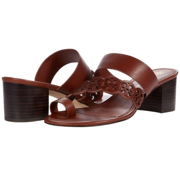 Tory Burch Tiny Miller Leather Toe Ring High Block Sandals Size‎ 10.5 Brown - Picture 1 of 9